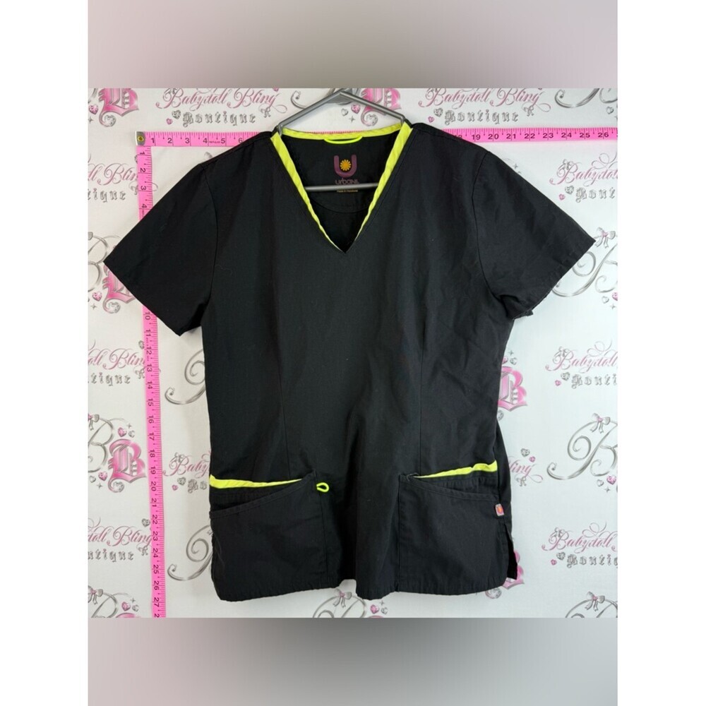 Urbane V-Neck Short Sleeve Black Scrub Top Neon Yellow Trim Pocket Edges scrubs